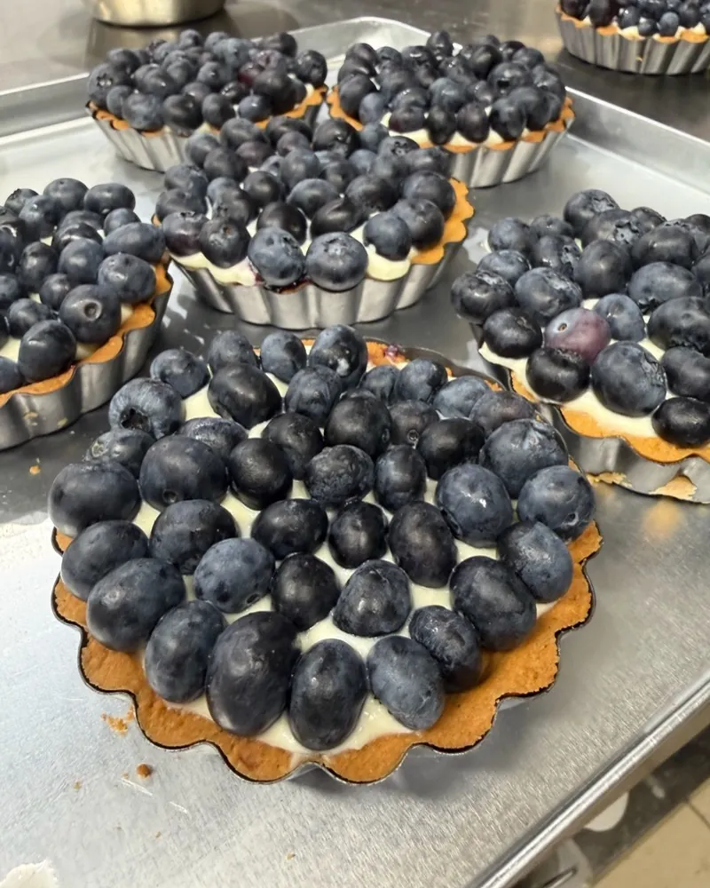 Tartlets with fresh blueberries on a stainless-steel tray.