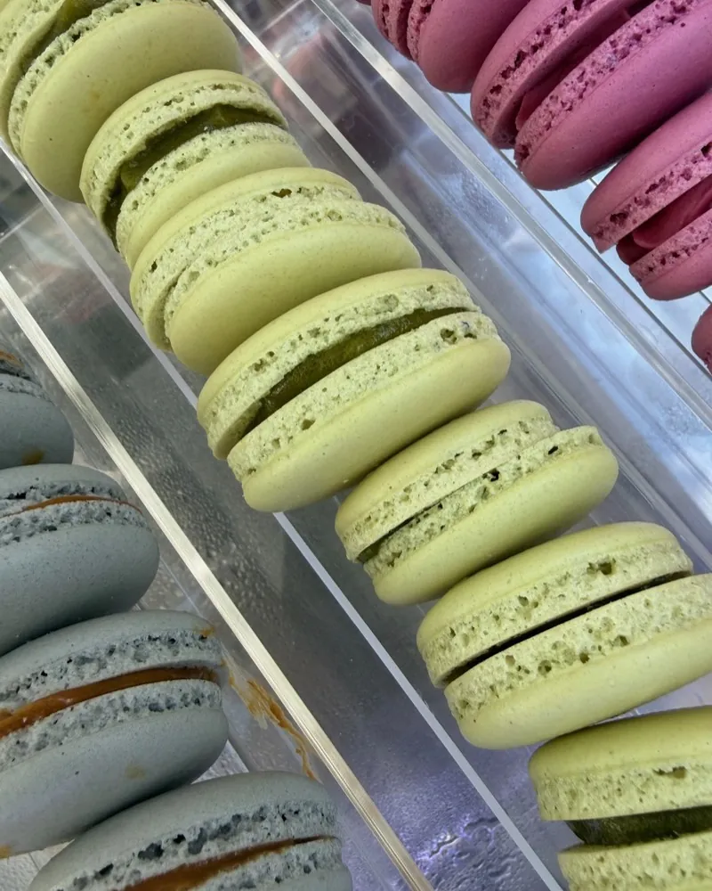 Macarons in an acrylic display case: light green ones with a dark filling, grey ones with caramel, and pink ones.