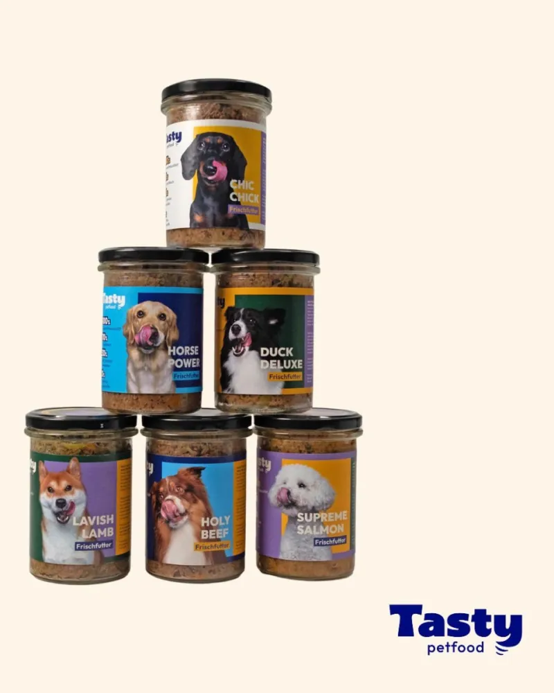 Six jars of Tasty fresh dog food stacked in a pyramid, each with a dog portrait on the label.